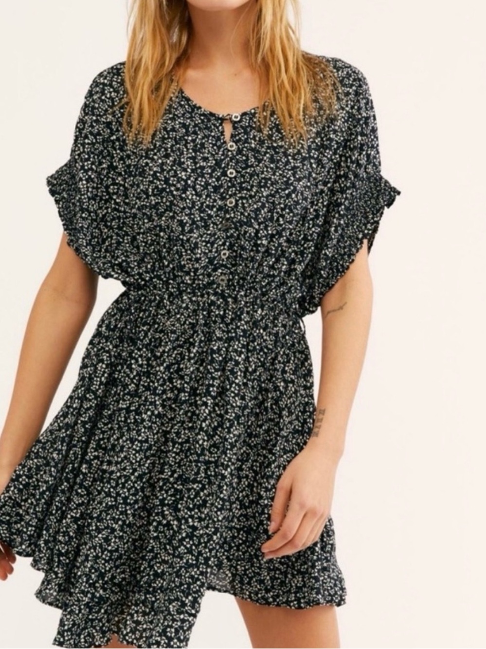 Free People One Fine Day Black White Floral Mini Dress XS